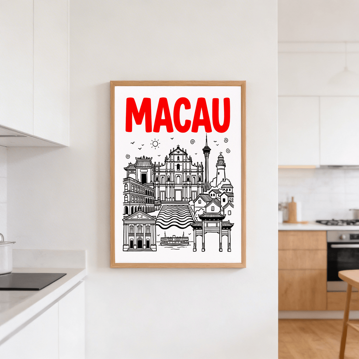 Collage of Macau landmarks stacked above rhythmic wave pattern