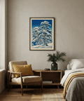 Room setting mockup showing Hasui Kawase winter landscape print on a wall