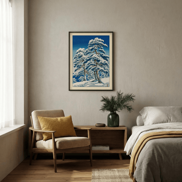 Room setting mockup showing Hasui Kawase winter landscape print on a wall