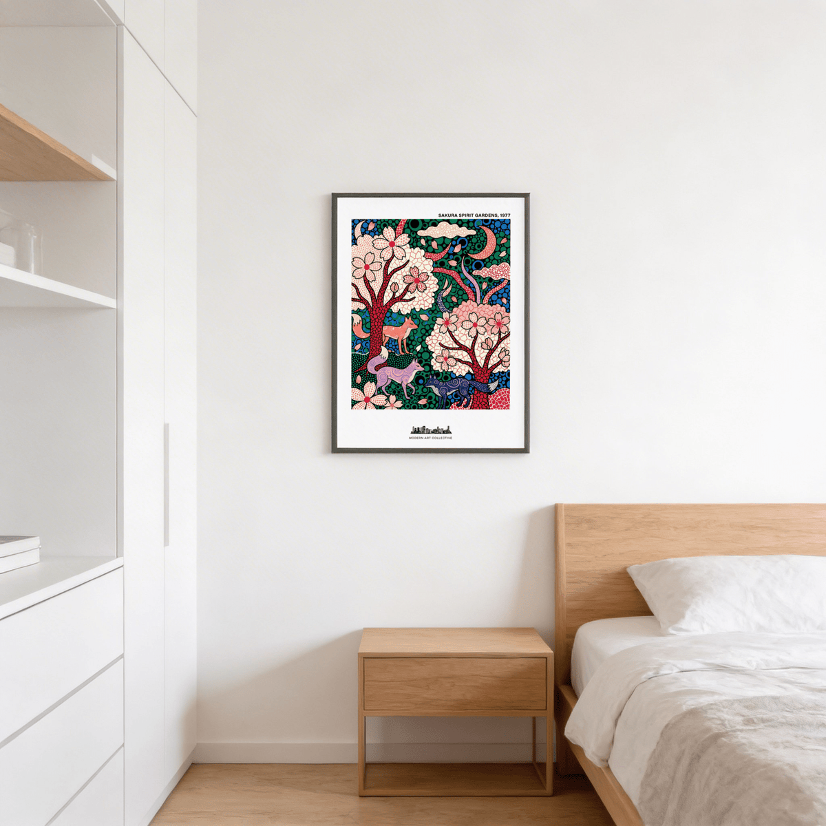 Folk-naive style sakura blossom wall art print with swirling animal patterns
