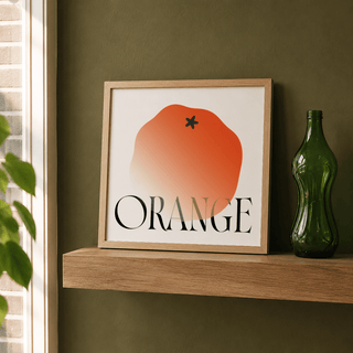 Large ORANGE text poster wall art with minimal fruit illustration above