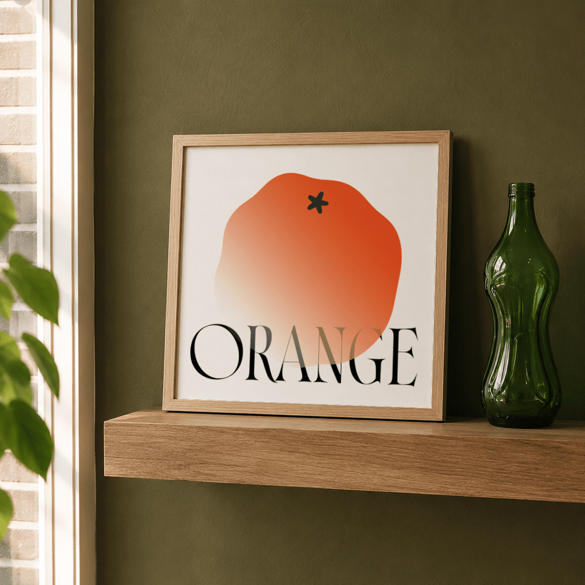 Large ORANGE text poster wall art with minimal fruit illustration above