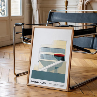 A minimal Bauhaus building with red detail for geometric mid century modern art lovers.