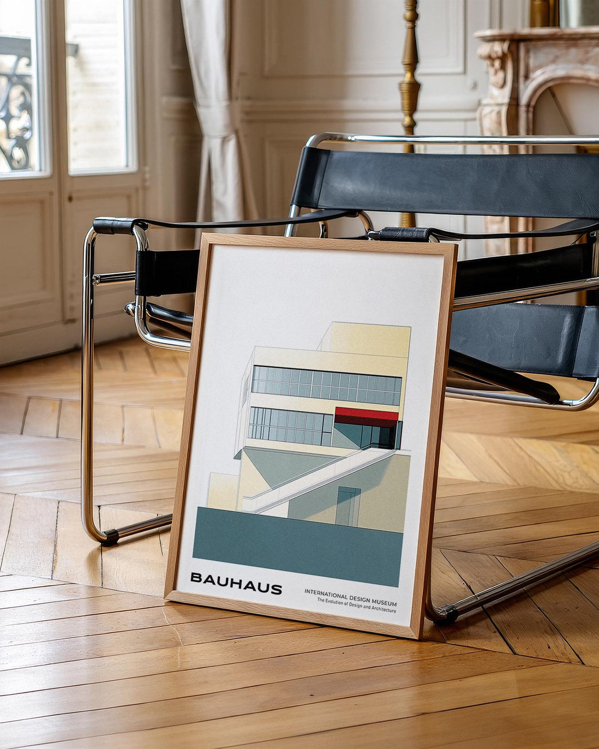 A minimal Bauhaus building with red detail for geometric mid century modern art lovers.