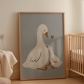 Minimal nursery animal poster print with two geese sitting together