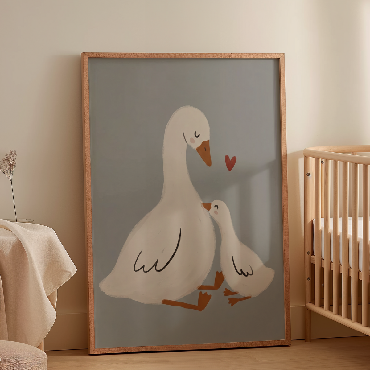 Minimal nursery animal poster print with two geese sitting together