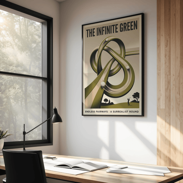 Typography detail showing THE INFINITE GREEN on surreal golf print poster