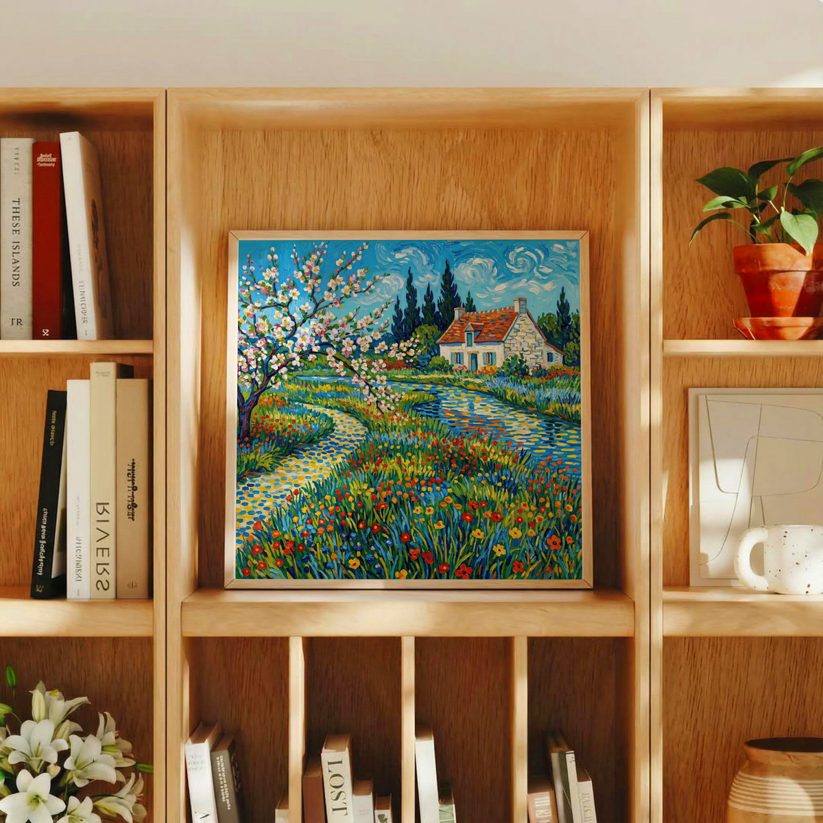Impressionist Garden Poster with dominant Blue tones for reading nook art print
