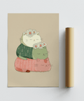 Cute Cat Art Print showing three cats in Pink and Green, suitable for study