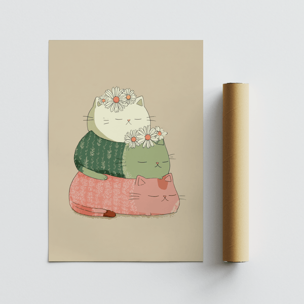 Cute Cat Art Print showing three cats in Pink and Green, suitable for study