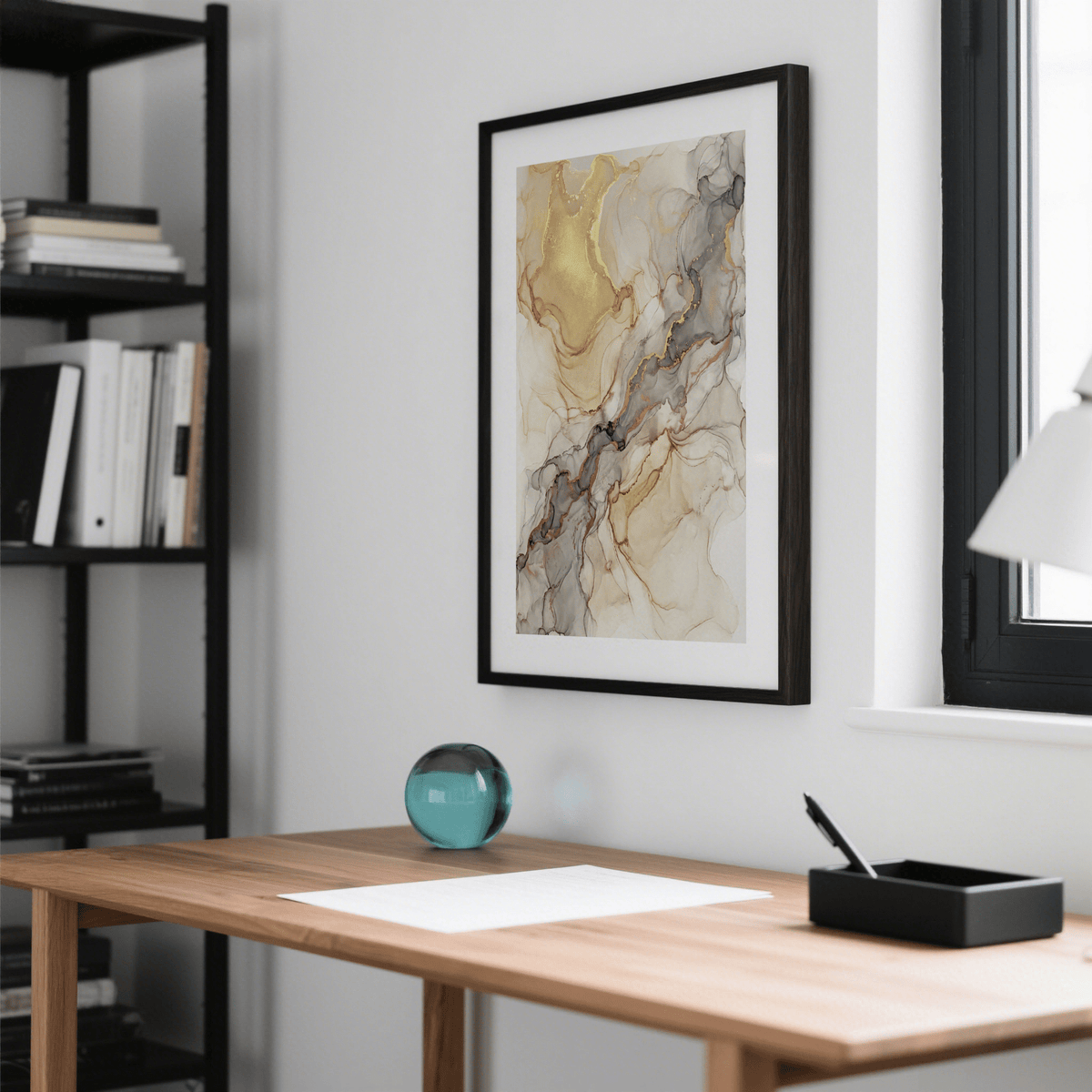 Soft marbled wall art showing diagonal veining across negative space