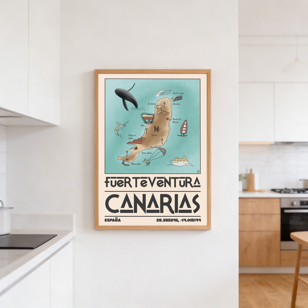 Corner close-up showing hand-drawn map contours and surfboard-style sail graphic