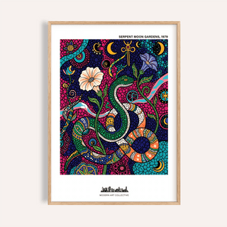 Vibrant snake poster with crescent moons, flowers, and dot-pattern background