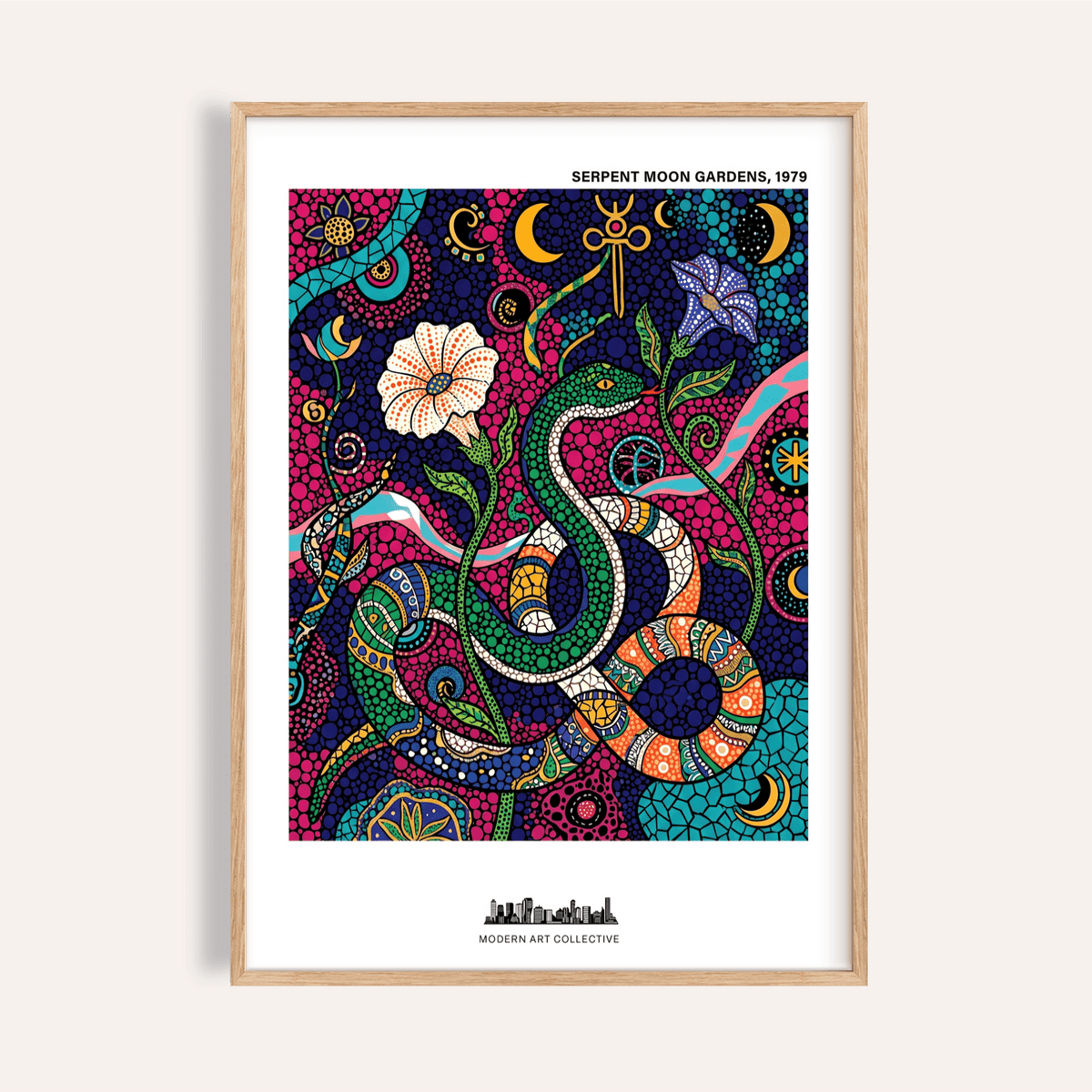 Vibrant snake poster with crescent moons, flowers, and dot-pattern background