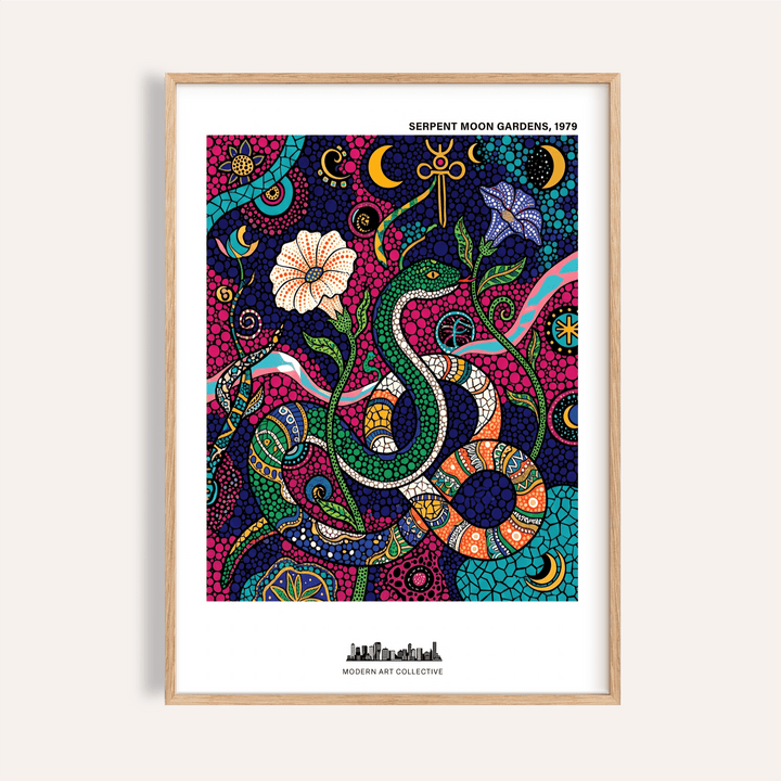 Vibrant snake poster with crescent moons, flowers, and dot-pattern background