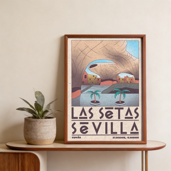 Modern Sevilla Wall Art design showing stylized shoreline buildings and palms