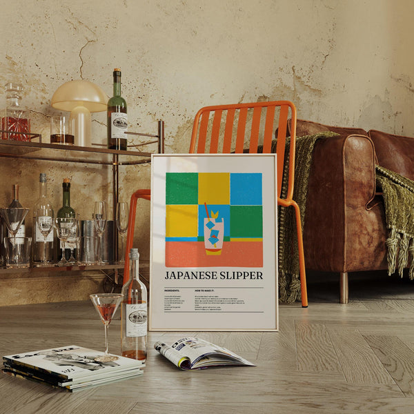 Cocktail print with lemon, triple sec, and Midori in clean design.