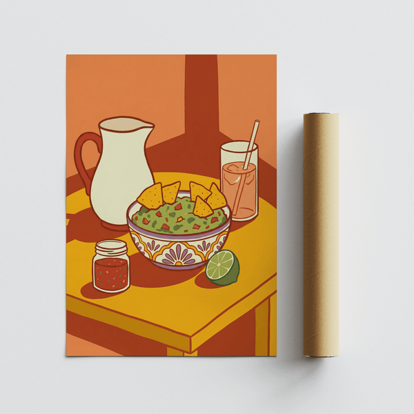 Mexican Cuisine Wall Art for kitchens in Orange and Green, art print style