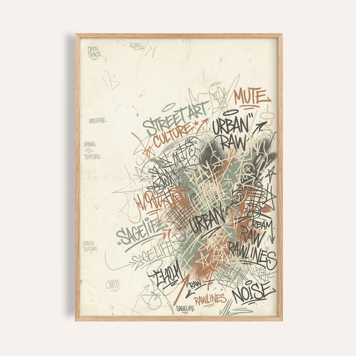 Layered graffiti lettering wall art poster on light textured background