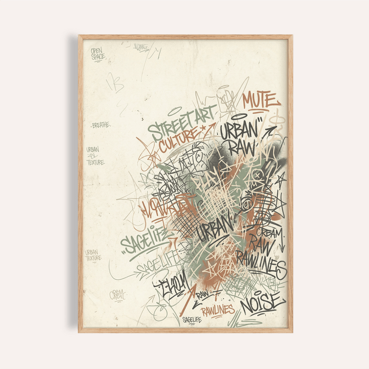 Layered graffiti lettering wall art poster on light textured background