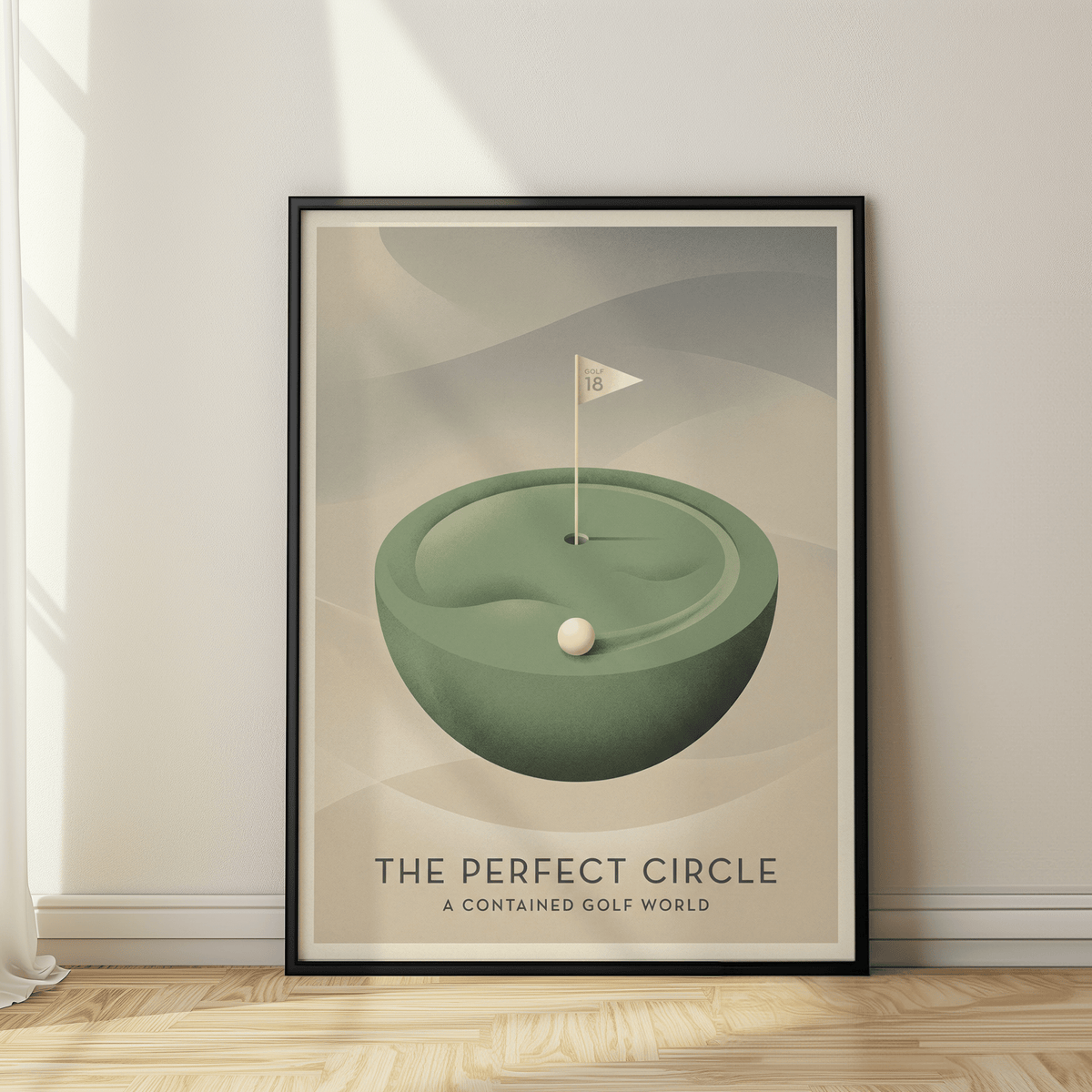 Graphic golf poster with pin flag labeled GOLF 18 and white ball on green