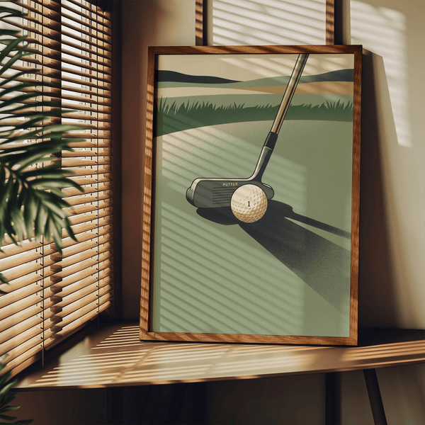 Graphic golf poster featuring a putter head, dimpled ball, and strong diagonal shadow