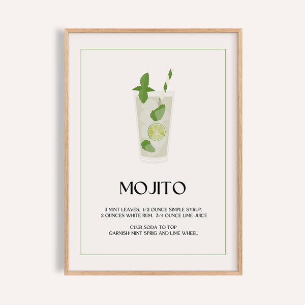 Bar pictures for wall with mint mojito cocktail illustration
