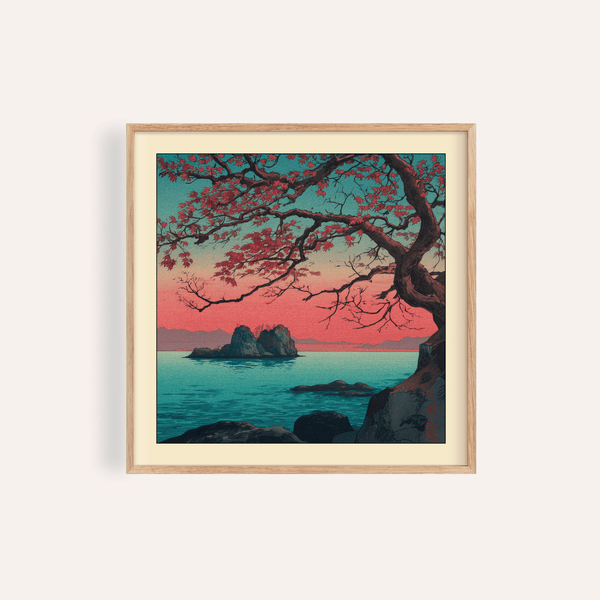 Hasui Kawase sunset seascape print framed on modern living room wall
