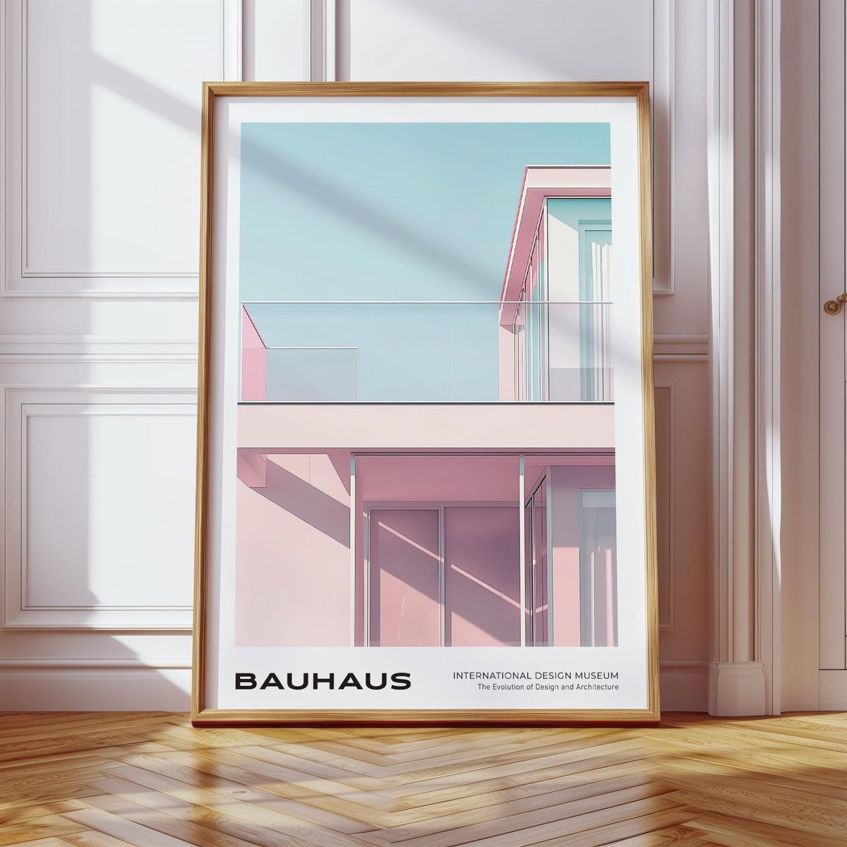 Bauhaus style modern print with pink architecture and glass panels.