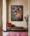Vibrant Wall Art Frida Kahlo with painterly texture and lush tropical plants.