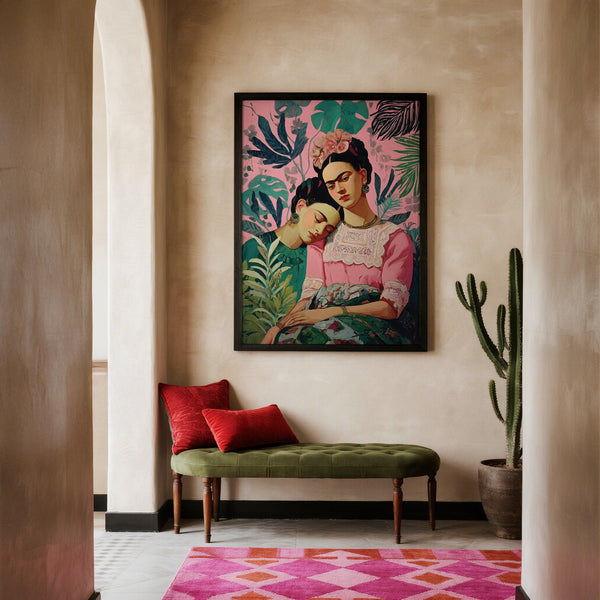 Vibrant Wall Art Frida Kahlo with painterly texture and lush tropical plants.