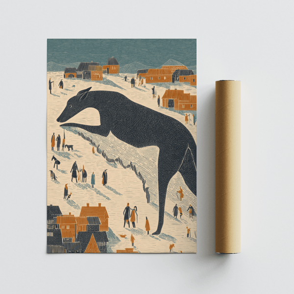 Whimsical Dog Art Print ideal for living space with White and Orange details