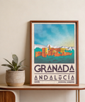 Detail view of layered mountain backdrop above Granada city illustration wall art print