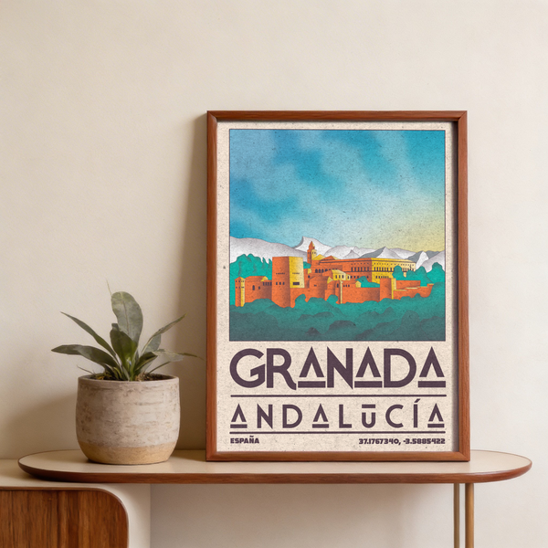 Detail view of layered mountain backdrop above Granada city illustration wall art print