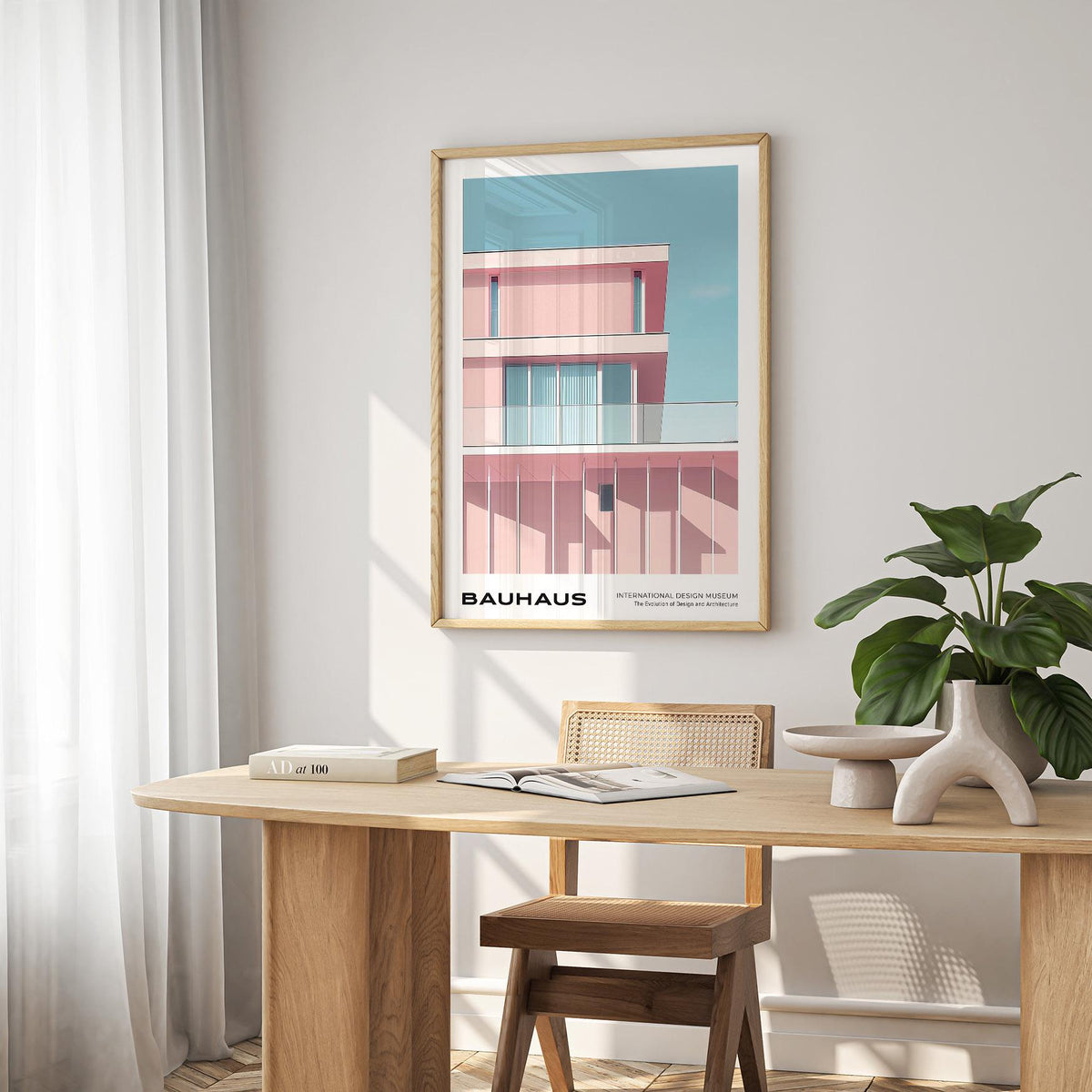 Mid century art art with vertical white beams and soft glass reflections.