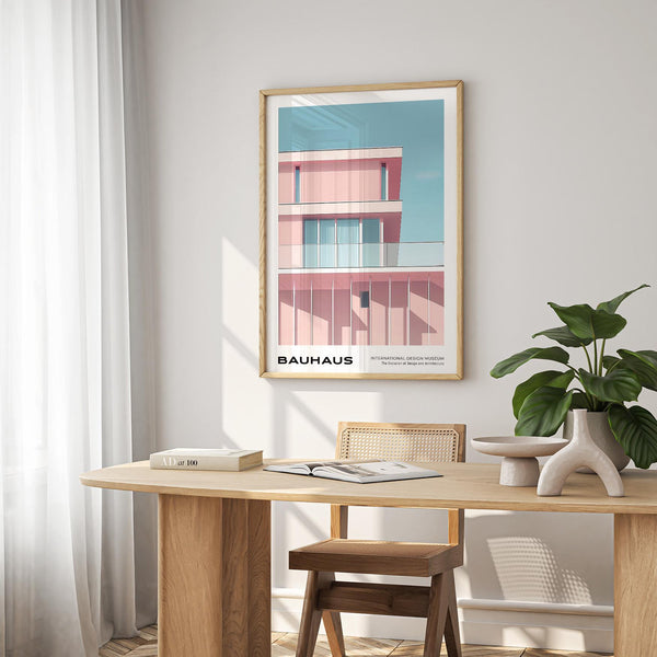 Mid century art art with vertical white beams and soft glass reflections.