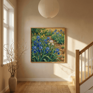 Blue Iris Art Print perfect for bedroom with blue and green colors