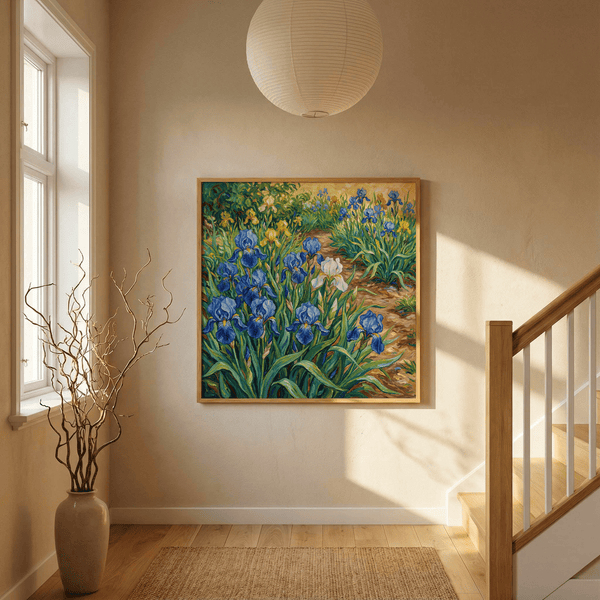 Blue Iris Art Print perfect for bedroom with blue and green colors