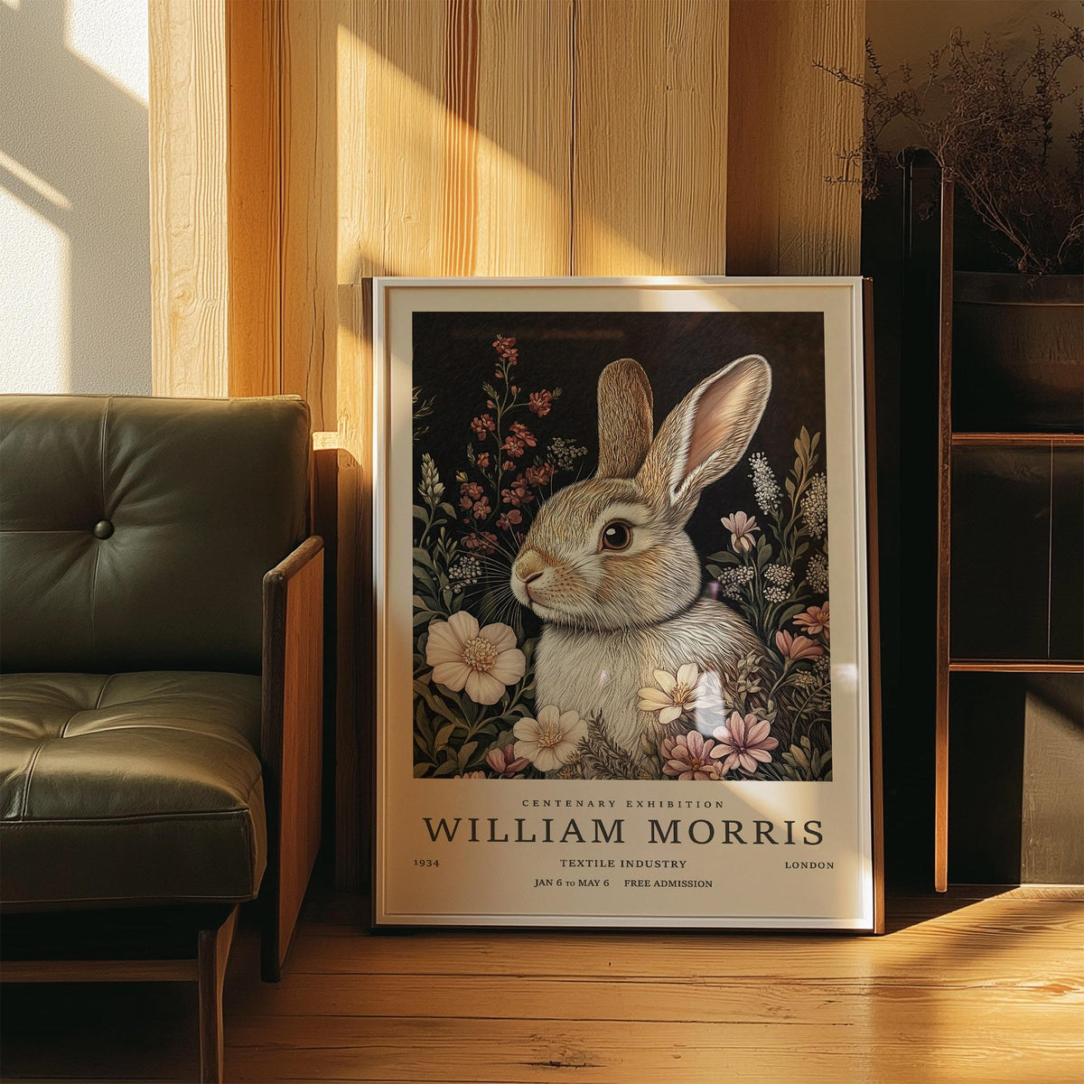 Vintage rabbit art print of a woodland bunny among cream and pink wildflowers on a dark background.
