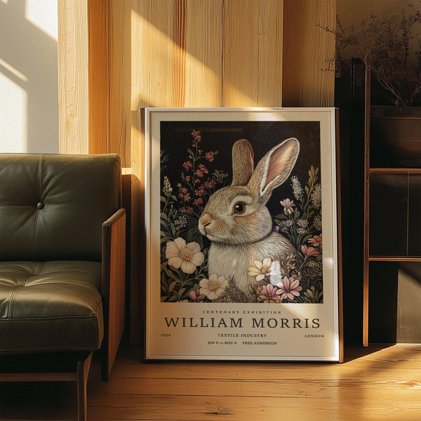 Vintage rabbit art print of a woodland bunny among cream and pink wildflowers on a dark background.