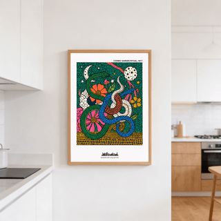 Cosmic Garden Print illustration poster with intertwined snakes crossing over flowers and patterned ground