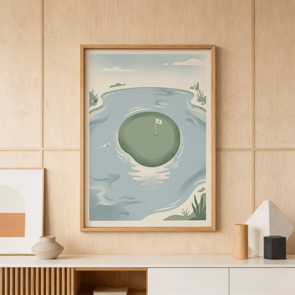 Centered 18th Hole Wall Art print with island green and rippling water