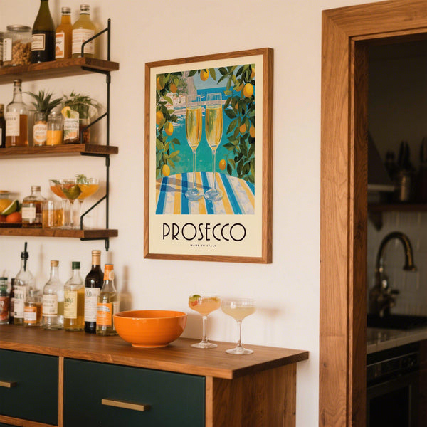 Sunny harbor view in a Vintage Italian Poster with drink setting