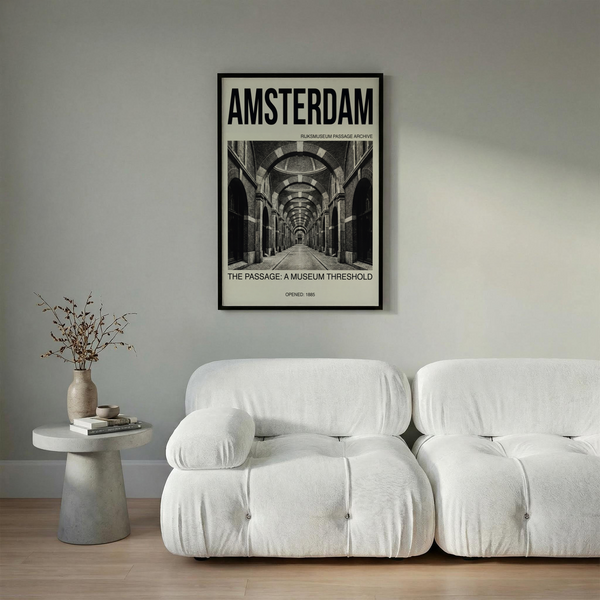 Amsterdam Passage Wall Art wall print featuring bold header text and a corridor of repeating arches