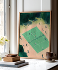 Painterly sports poster of a tennis court scene with scattered spectators and central net