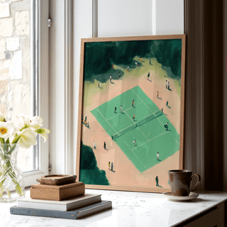 Painterly sports poster of a tennis court scene with scattered spectators and central net