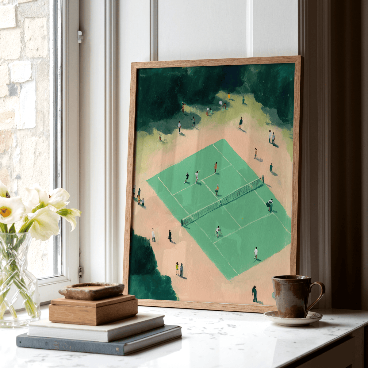 Painterly sports poster of a tennis court scene with scattered spectators and central net