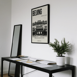 Centered Beijing Architecture Art Print showing Forbidden City rooftops and archival text