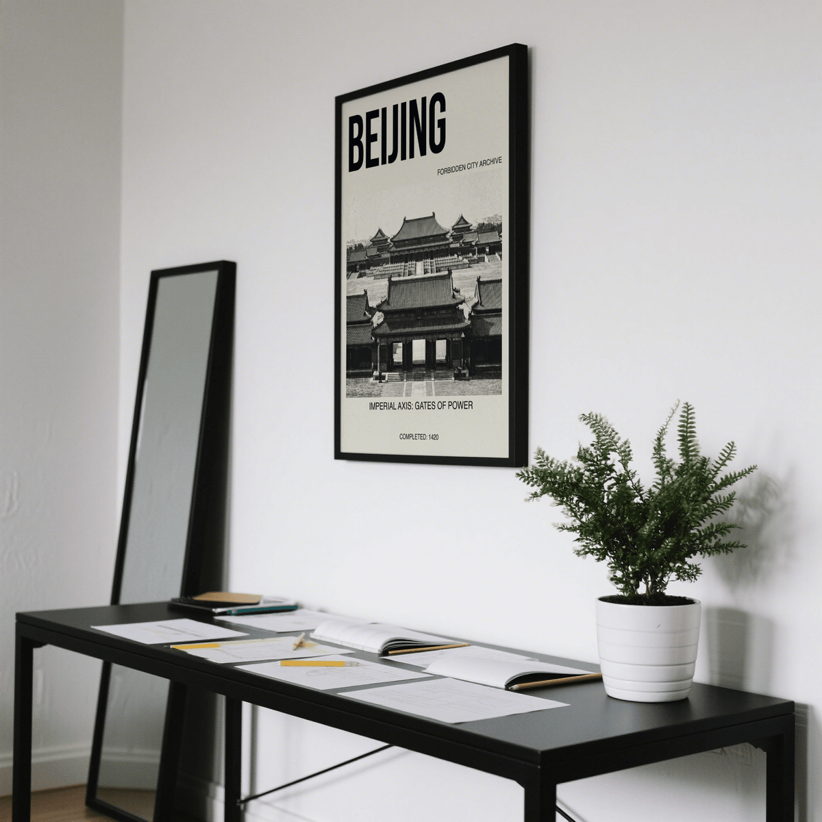 Centered Beijing Architecture Art Print showing Forbidden City rooftops and archival text