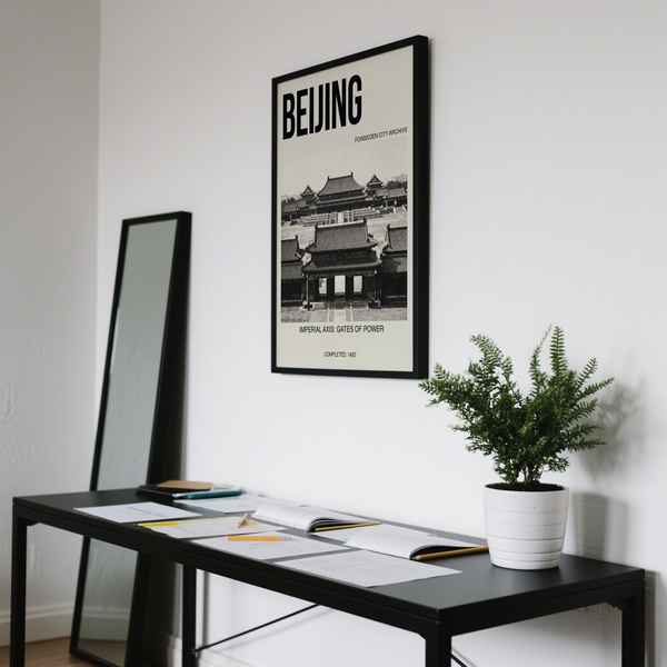 Centered Beijing Architecture Art Print showing Forbidden City rooftops and archival text